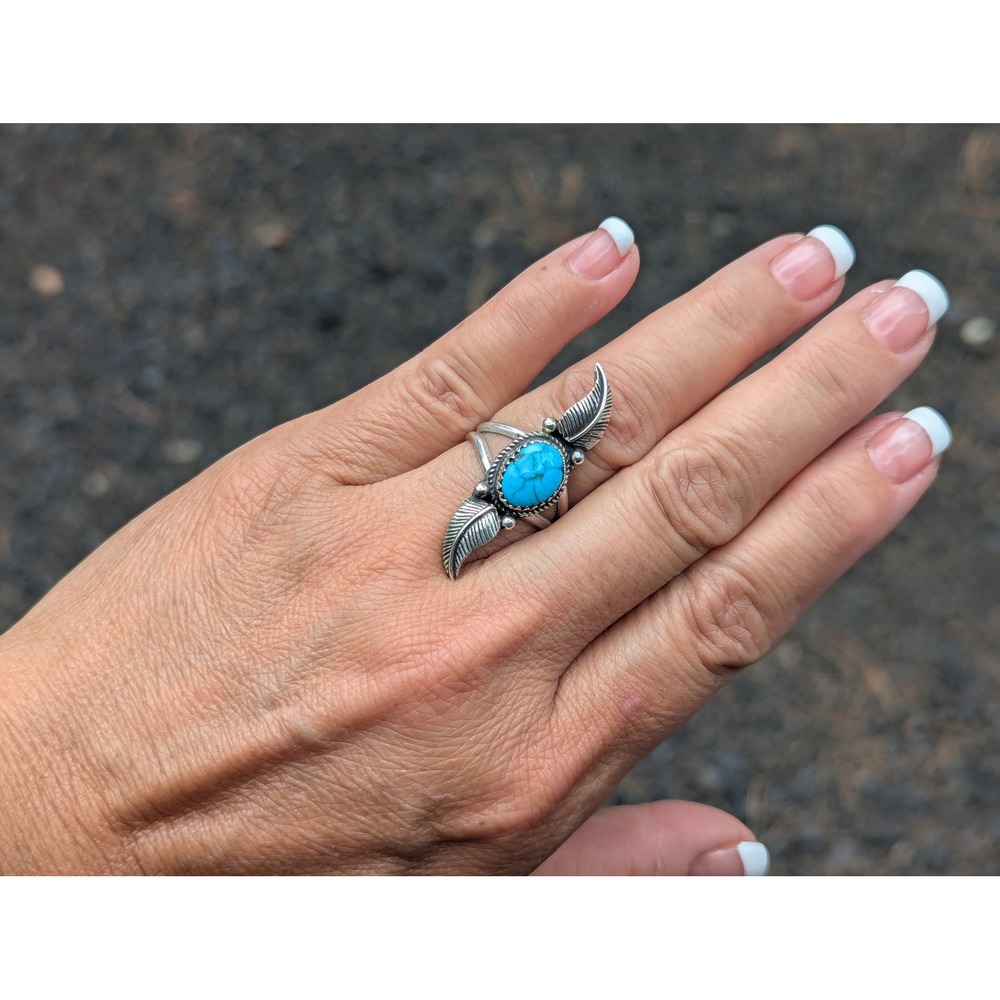 Handmade Navajo Kingman Turquoise Ring Leaf Design Native American Jewelry Sz 7*